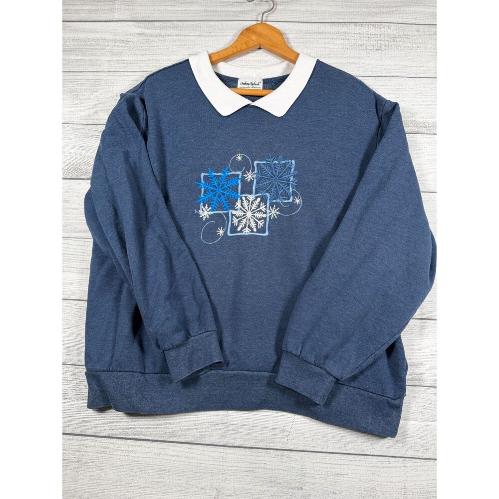 Vintage Anthony Richards Blue Snowflake Embroidered Collared Sweatshirt 2X 4057